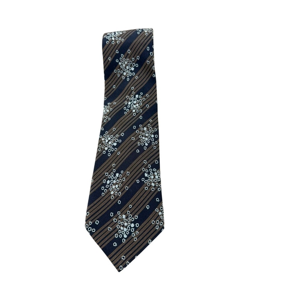 Giorgio Armani Mens Silk Tie Navy Blue Brown Striped Geometric Floral Made Italy